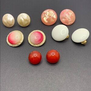 Lot of Five Vintage Clip On & Screw Back Earrings Circle Acrylic Pink Red White